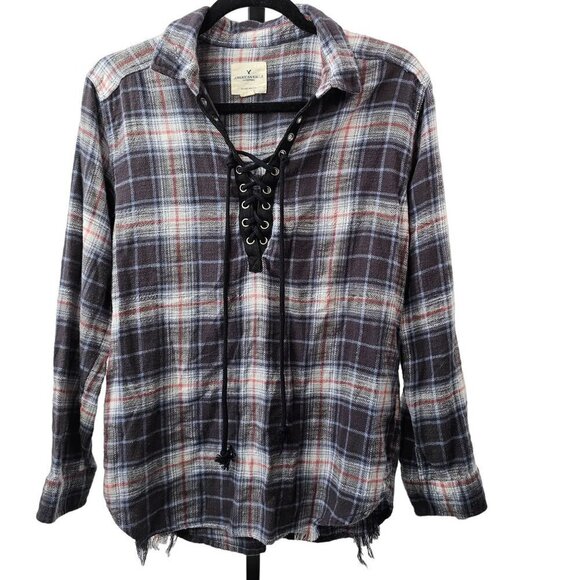 American Eagle Plaid Button Down Shirt Oversized Stretch Soft Cozy Fall Top - Picture 1 of 10